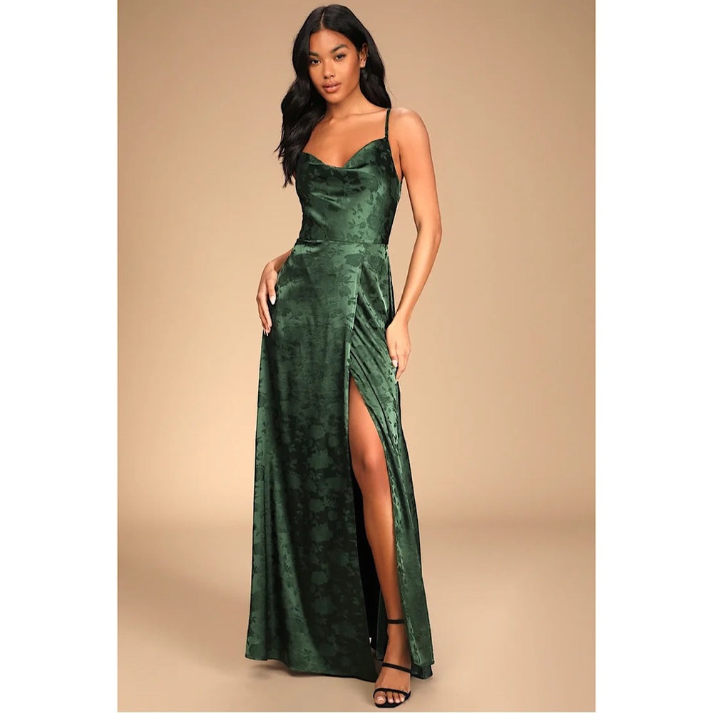 Simply Dreamy Emerald Green Satin Floral Jacquard Maxi Dress